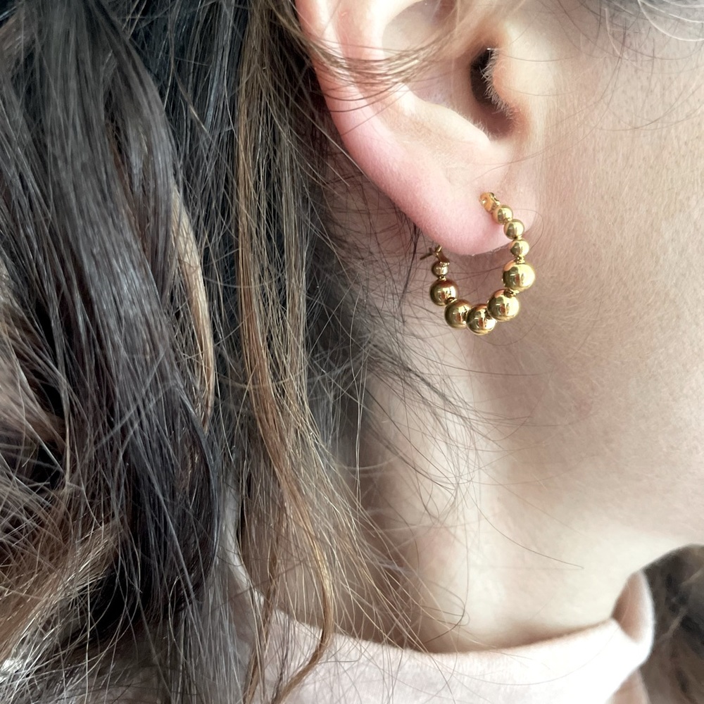 Gold plated ball hoop earrings. Hypoallergenic non tarnish Jewelry.